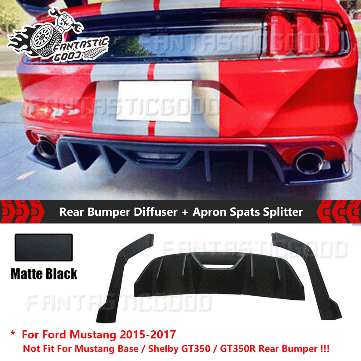 For Ford Mustang 2015-17 HN Style Matte Rear Bumper Diffuser W/Corner Extension