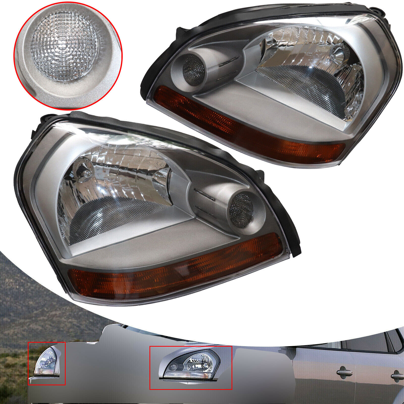Headlights Fit Hyundai Tucson 2005-2009 Headlight Assembly 1 Pair Set Headlamp