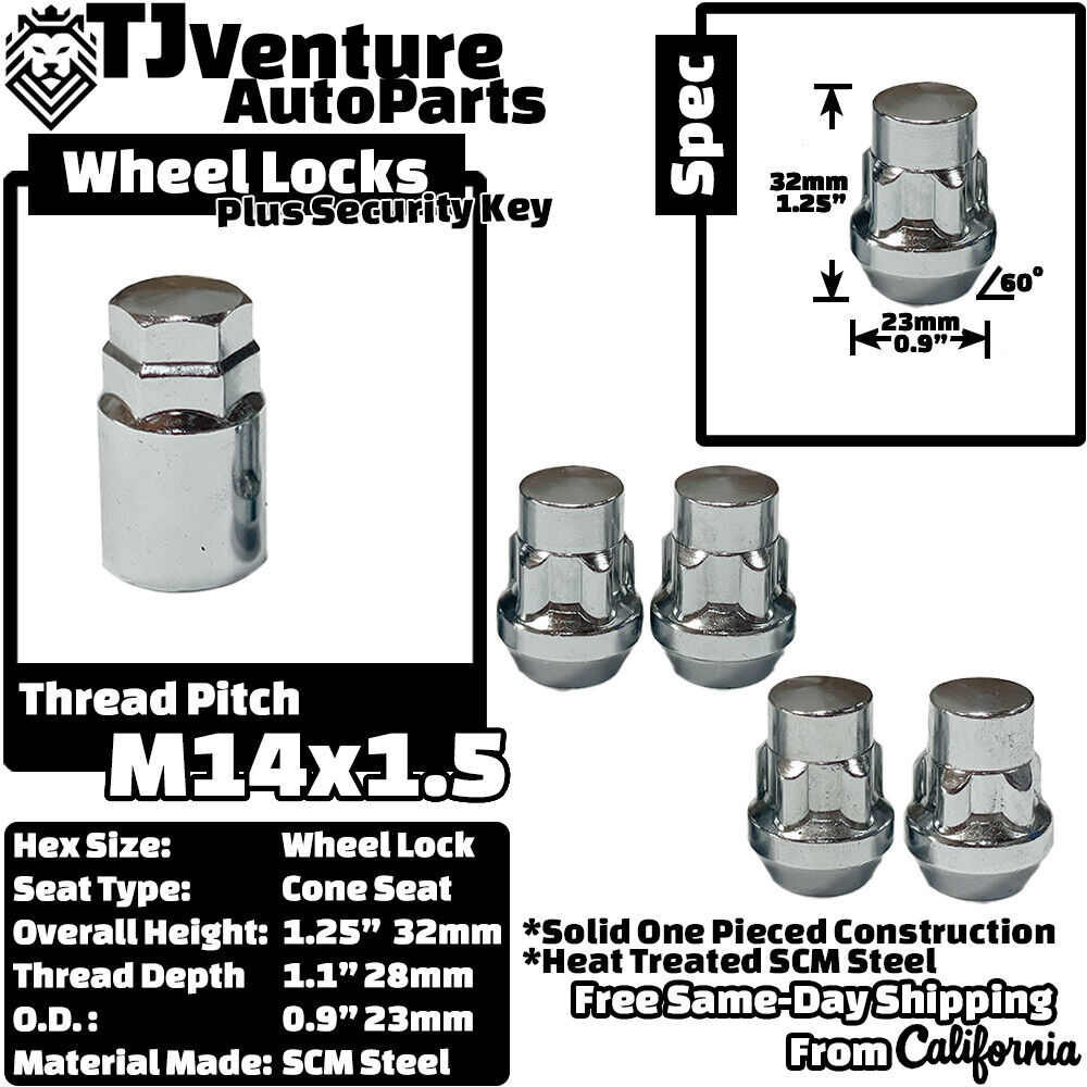 4Pc Chrome M14x1.5 Anti-Theft Wheel Lock Lug Nut Fit Dodge Durango Ram1500 &More