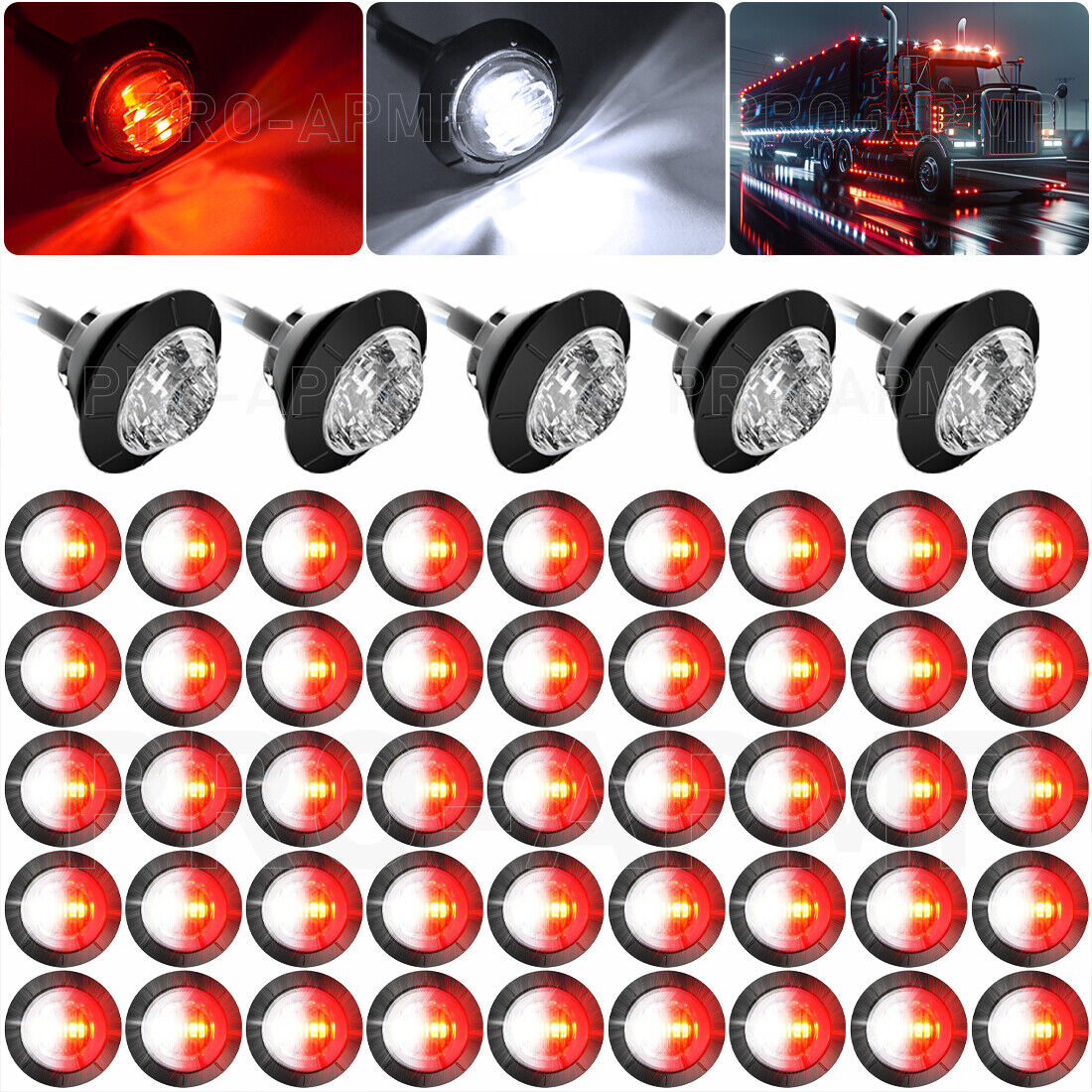 50x Clear Red White 12V Marker Lights LED Dual Color Bullet Truck Trailer Light