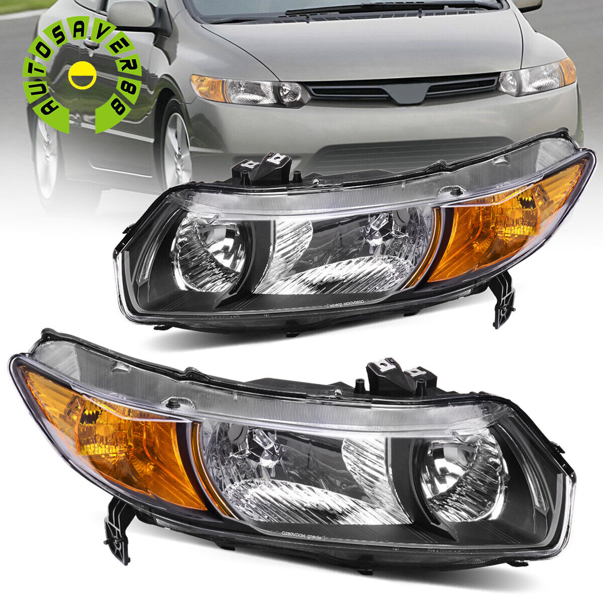 Headlights Assembly For 2006-2011 Honda Civic Coupe 2Dr Black Housing Lamps Pair