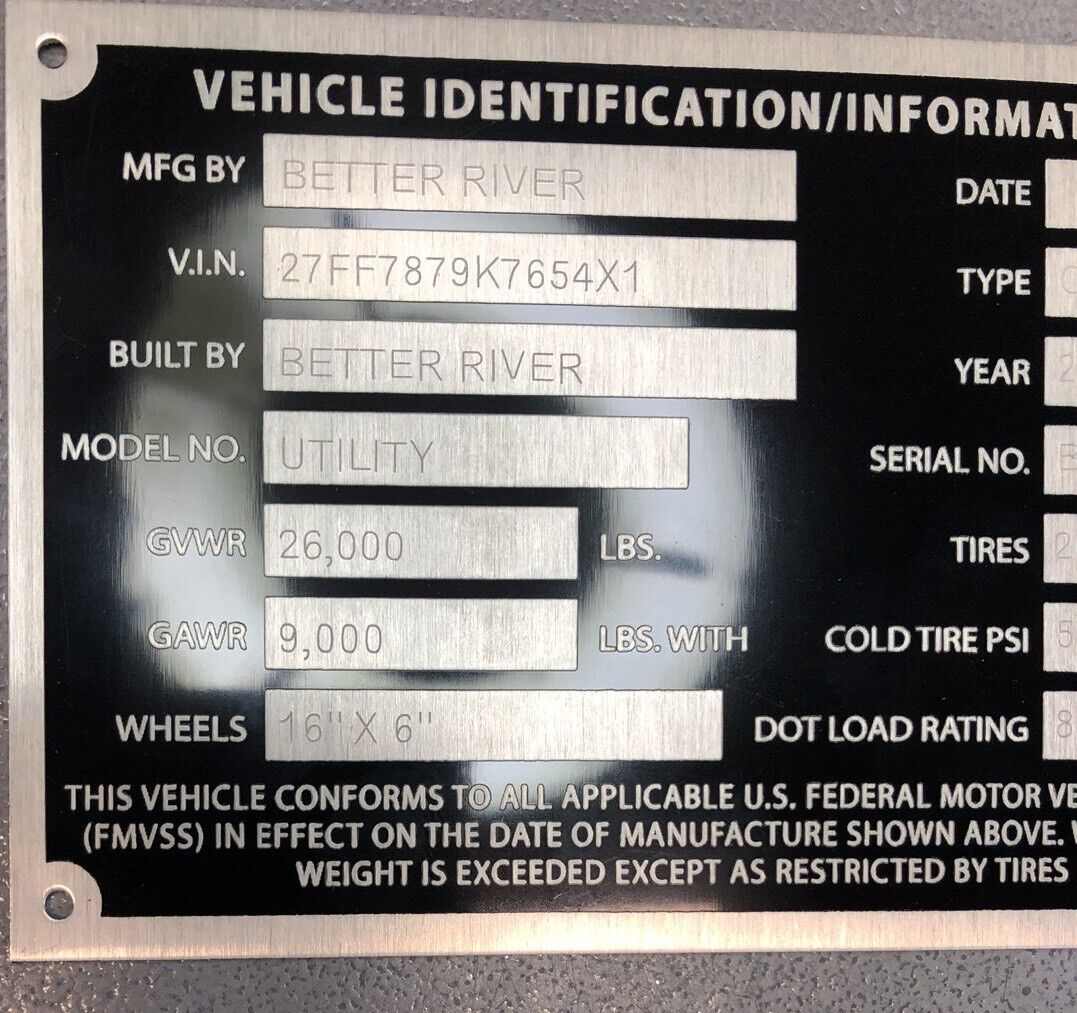 Serial Number Car Hauler Semi Trailer Special ID Tag Plate Model Custom Engraved