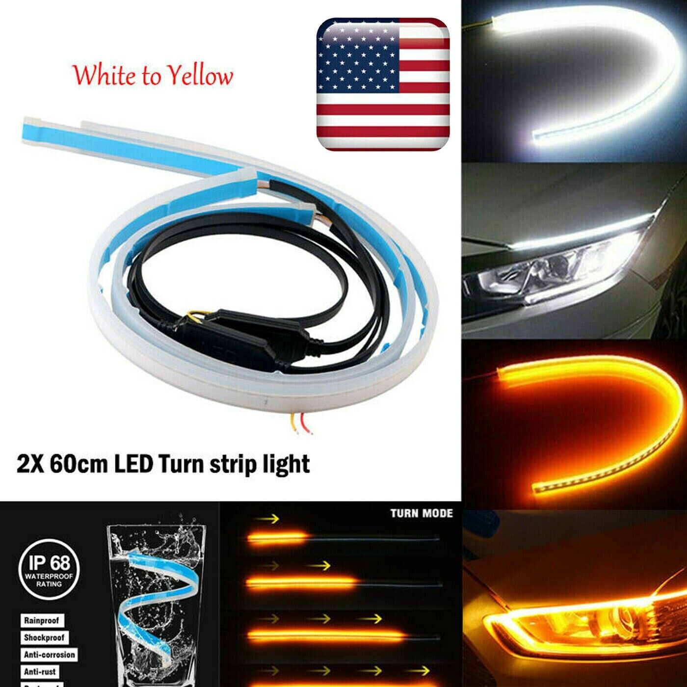 2pcs 60cm Flexible LED Car Headlight Slim Strip Sequential Turn Signal DRL Light