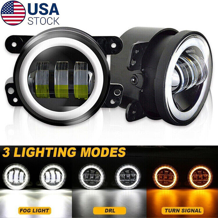 Pair 4 Inch Round LED Fog Lights Driving Lamps Halo White Warm For Jeep Wrangler