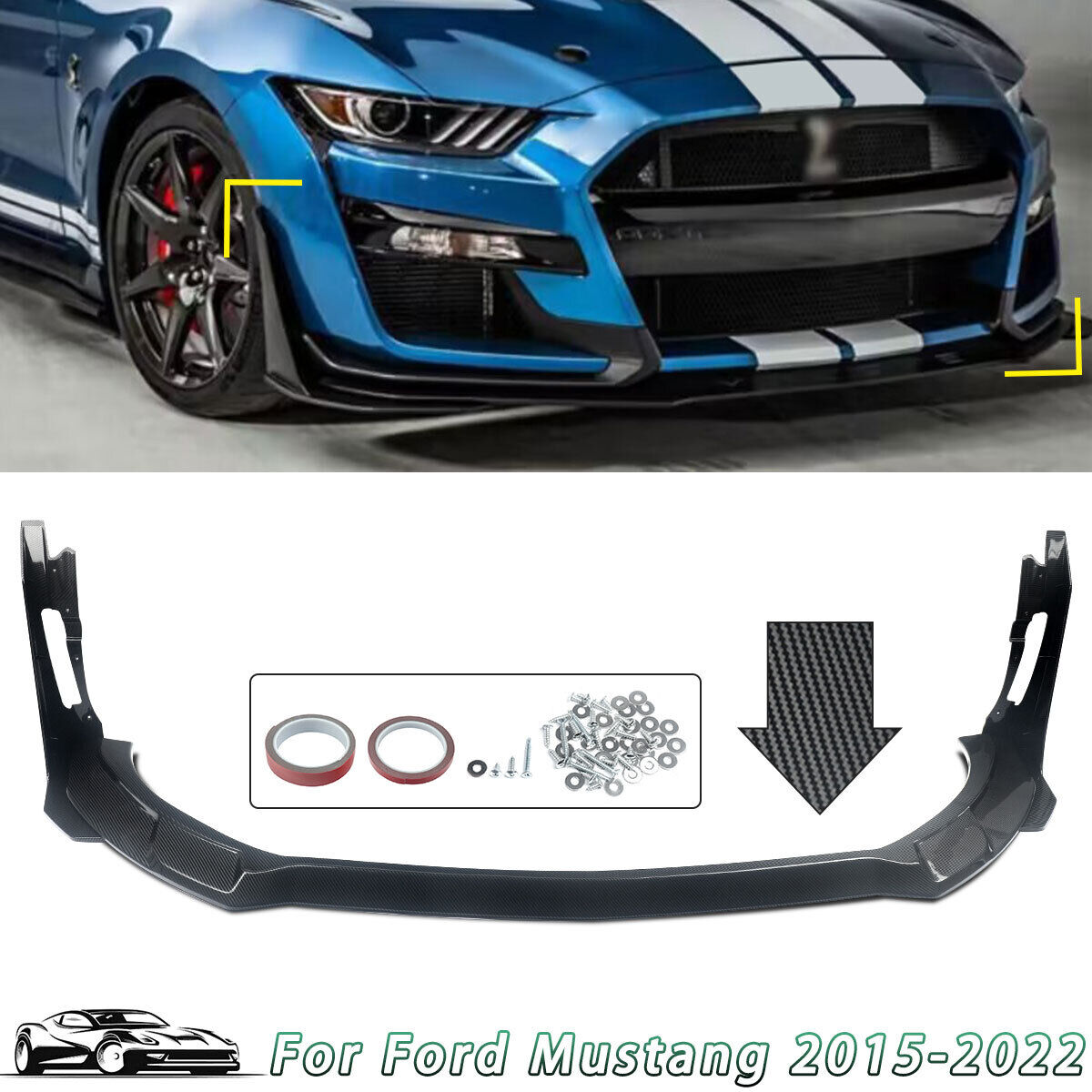 For 15-22 Ford Mustang GT500 Style Front Splitter w/ Corner Spoiler Winglet ABS