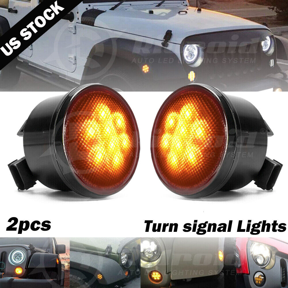 2PCS Front Grill LED Turn Signal Light Smoke Lens for Jeep Wrangler JK 07-17 CAO