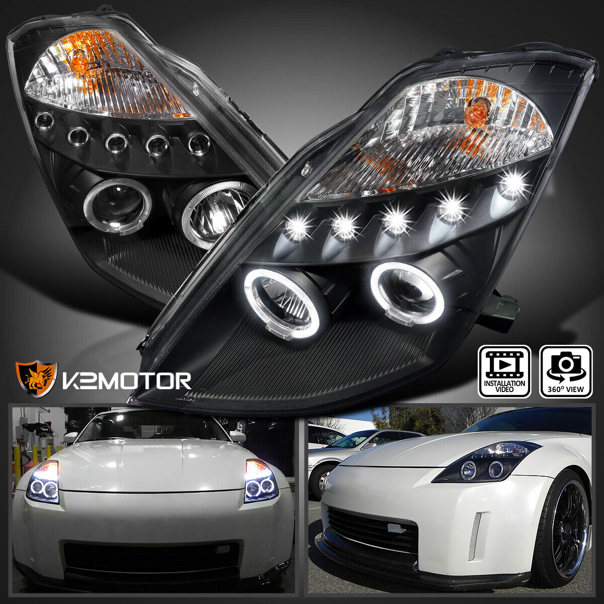 Black Fits 2003-2005 350Z LED Strip Halo Projector Headlights Lamps L+R