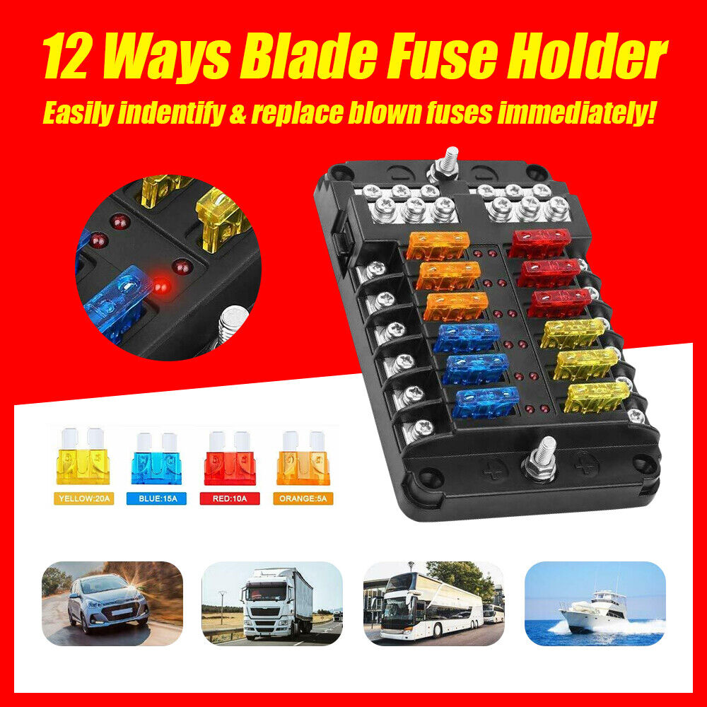 12 Way Blade Fuse Box Block Holder LED 12V 32V Car Boat Van Marine W/ 24 Fuses V