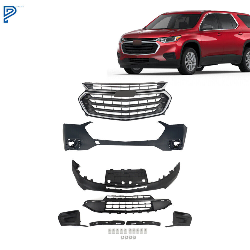 Front Bumper Grille Set For 2018-21 Chevy Traverse Primed W/o Fog Light Plastic