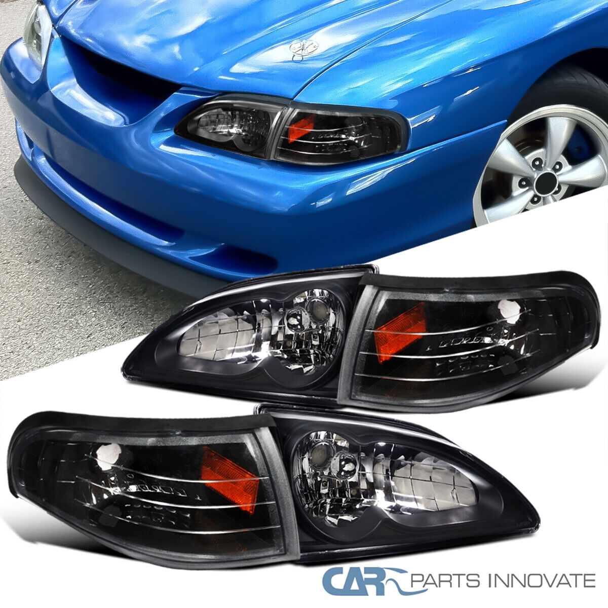 Fit Ford 94-98 Mustang GT SVT Headlights Black+Corner Turn Signal Lamps w/ Amber
