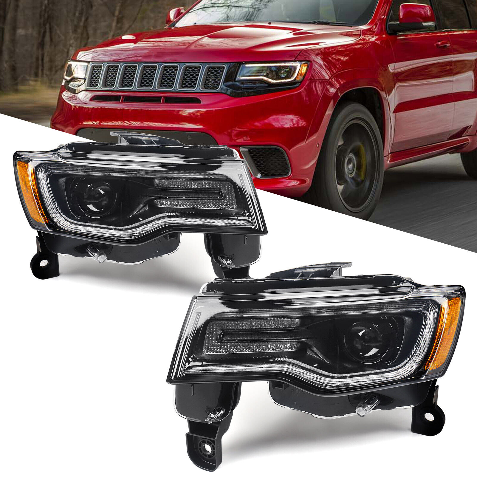 Pair For 2017-2021 Jeep Grand Cherokee HID/Xenon Headlights Lamp LED DRL Black