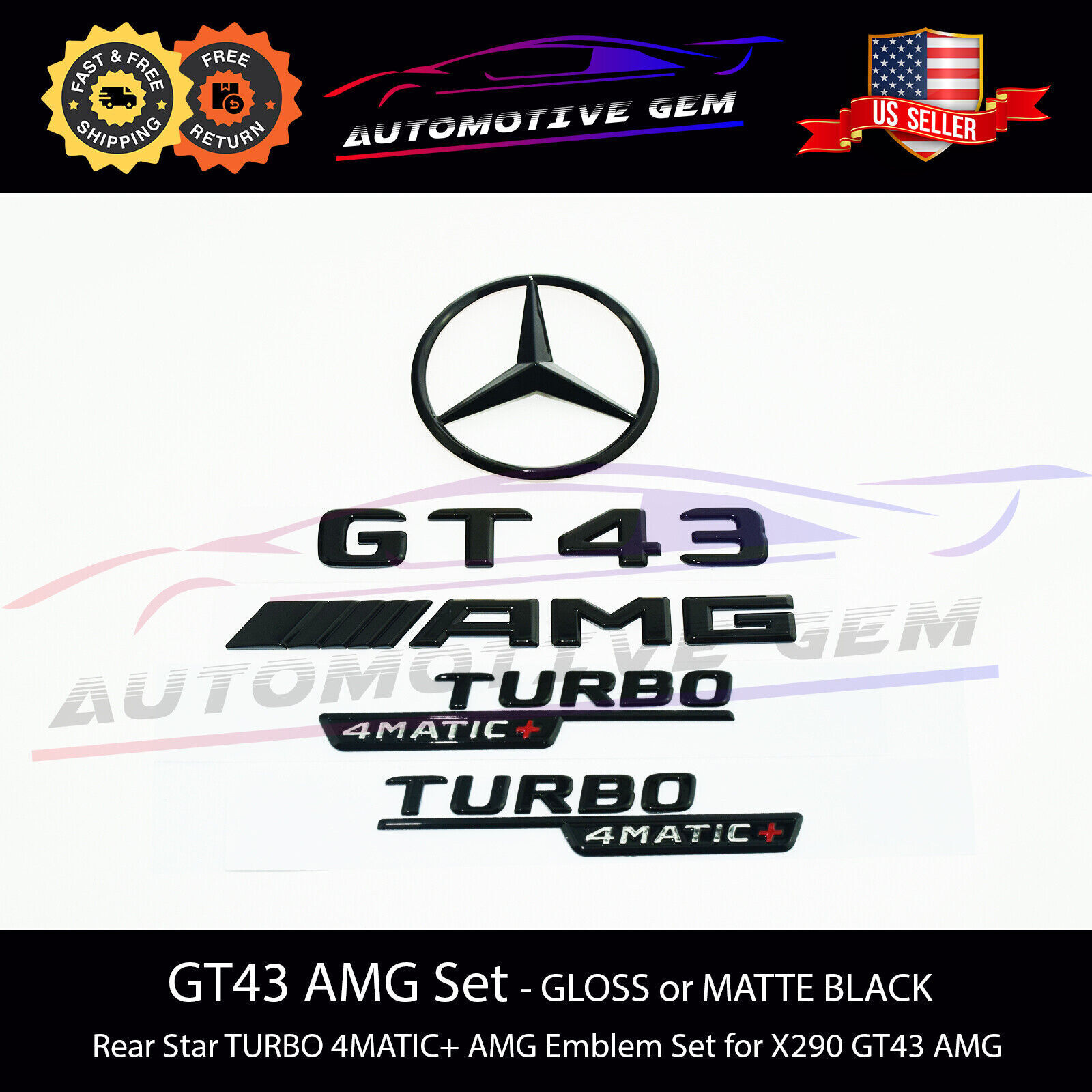 GT43 AMG TURBO 4MATIC+ Plus Star Emblem Black Badge Combo Set for Mercedes X290