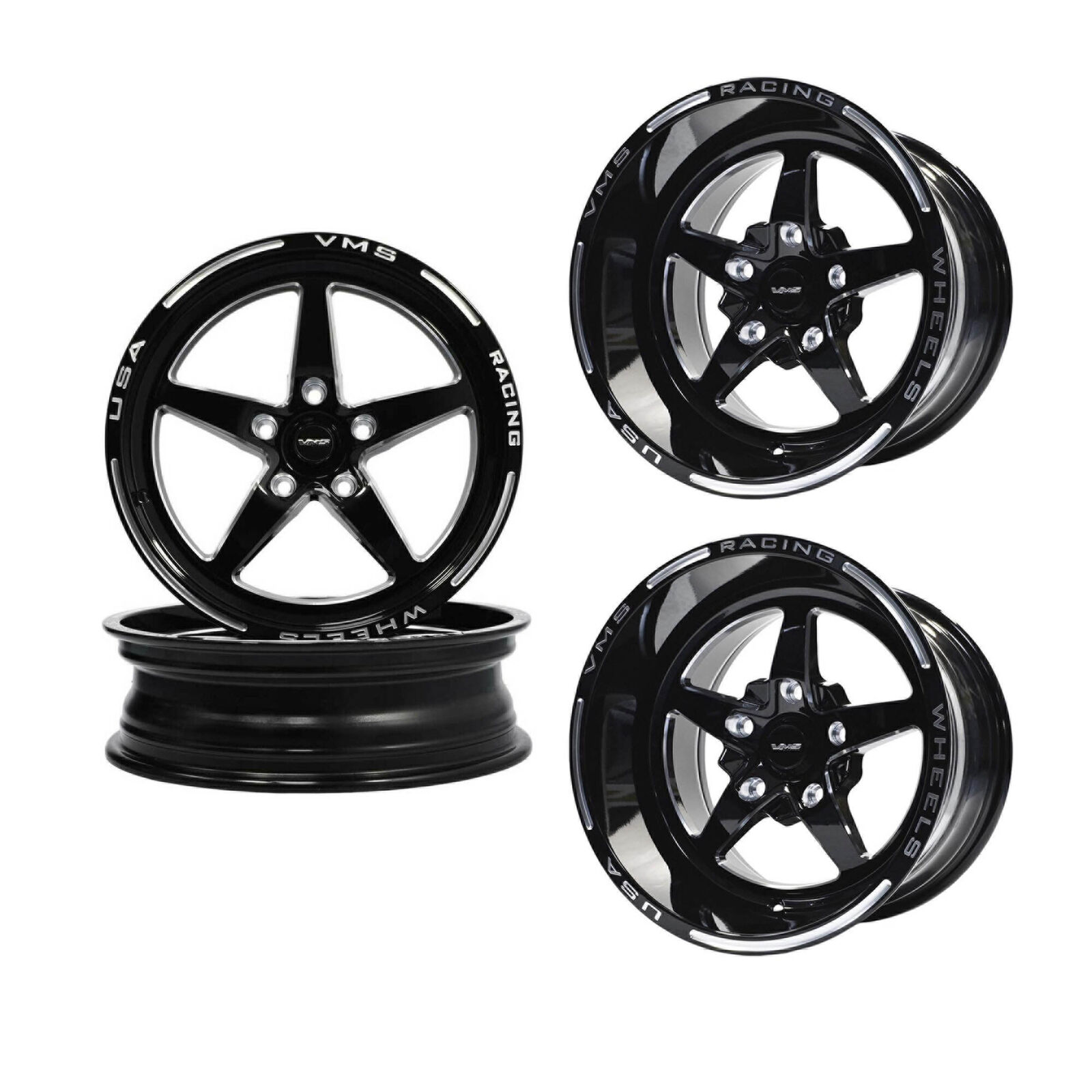 VMS Black V Star Drag Pack Wheels 15x10 & 18x5 5X120 +50 ET (5x4.75\