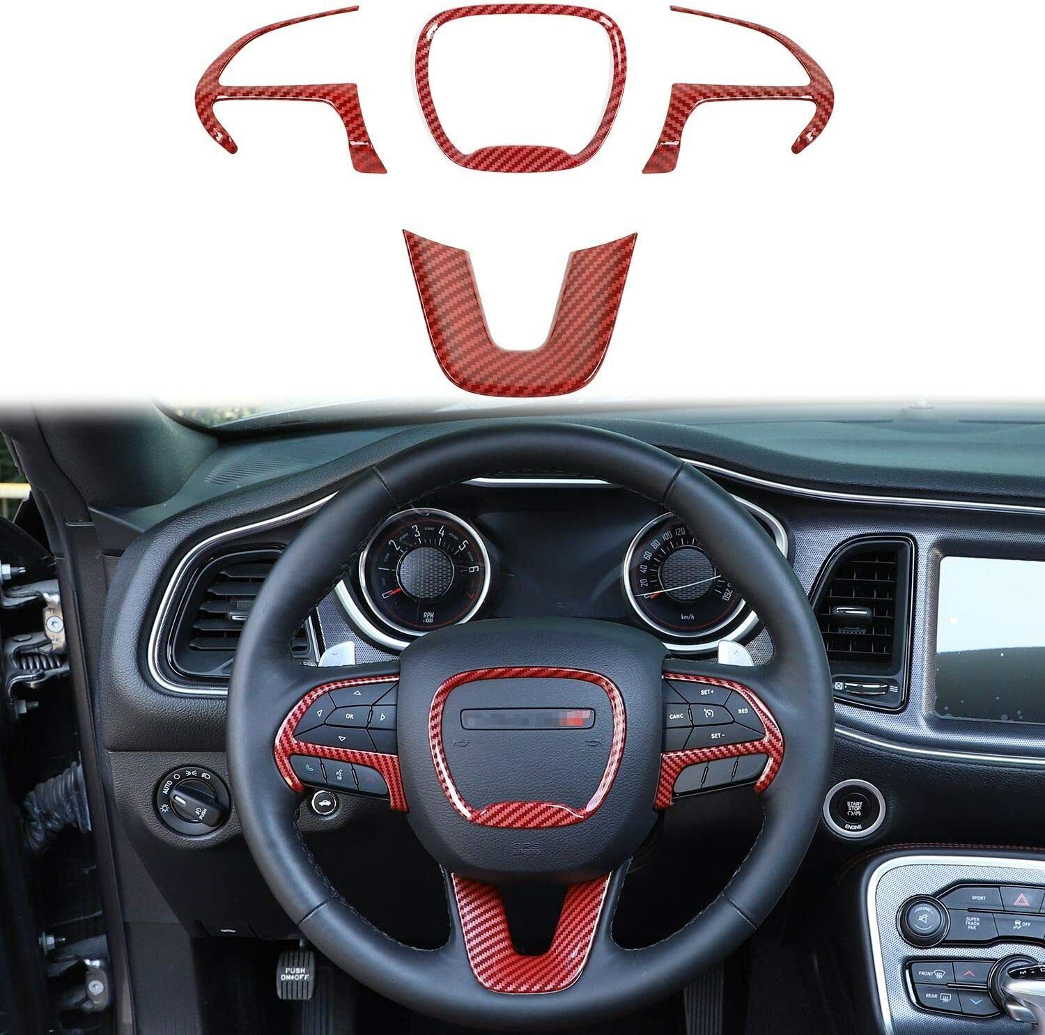 Steering Wheel Trim,for 2015-2020 Dodge Challenger Charger Red Carbon Fiber 4pcs