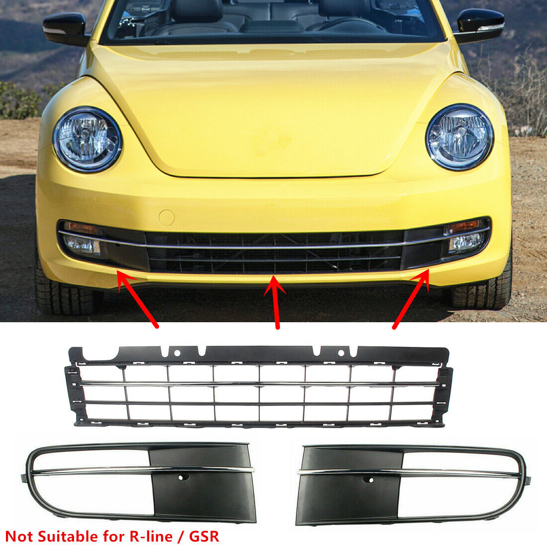 Fit For 12-16 VW Beetle Front Bumper Center + Side Fog Light Grille Chrome Trim