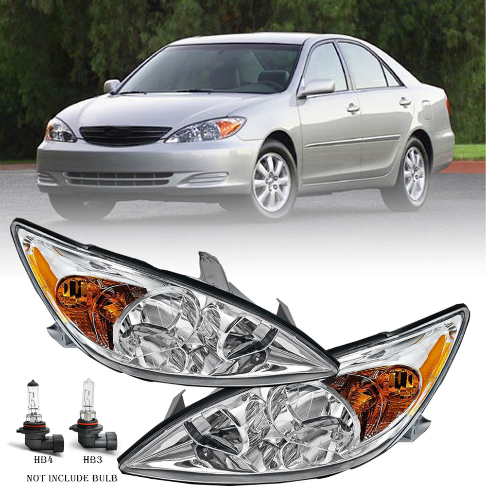 Headlight for 2002 2003 2004 Toyota Camry Chrome Headlamp Replacement Pair 02-04
