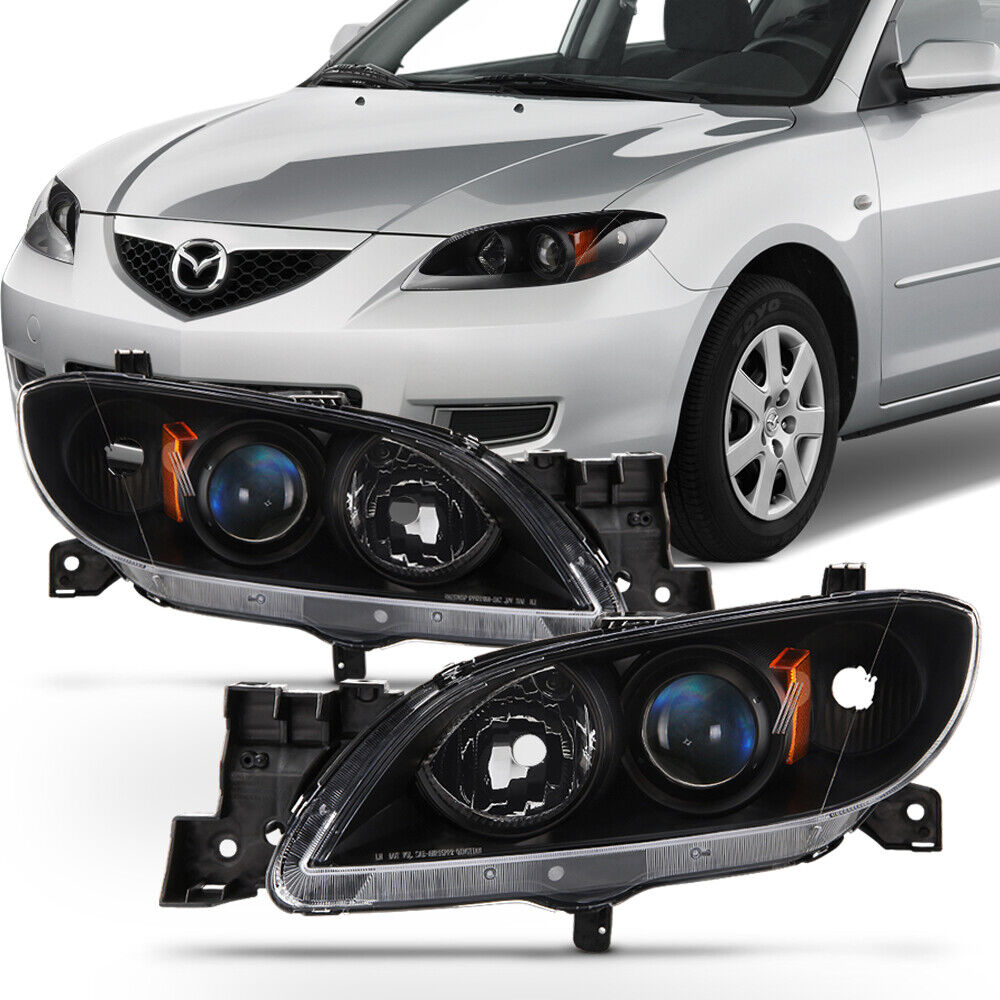 Black 2004-2009 Mazda 3 Sedan Headlights Halogen Projector Headlamps Left+Right