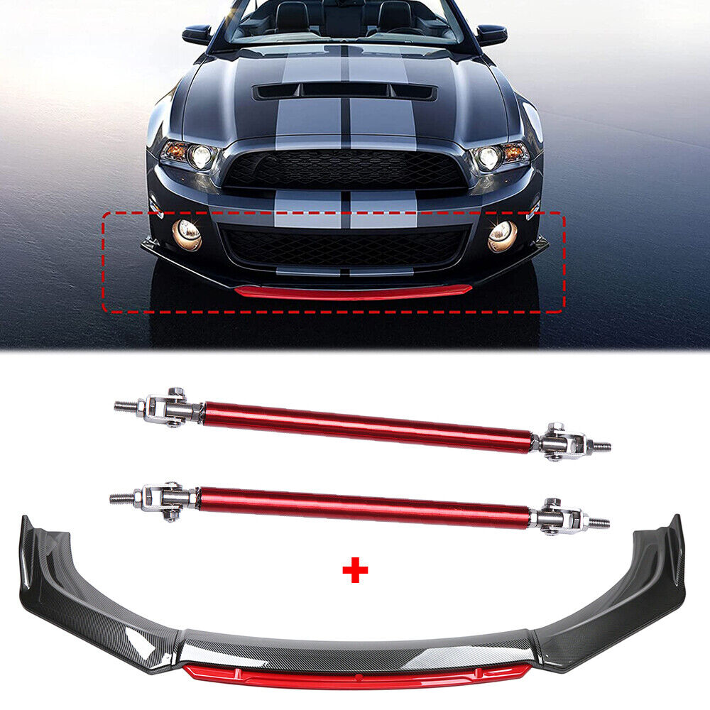 Carbon Front Bumper Lip Spoiler + Strut Rods For Ford Mustang GT Shelby GT500