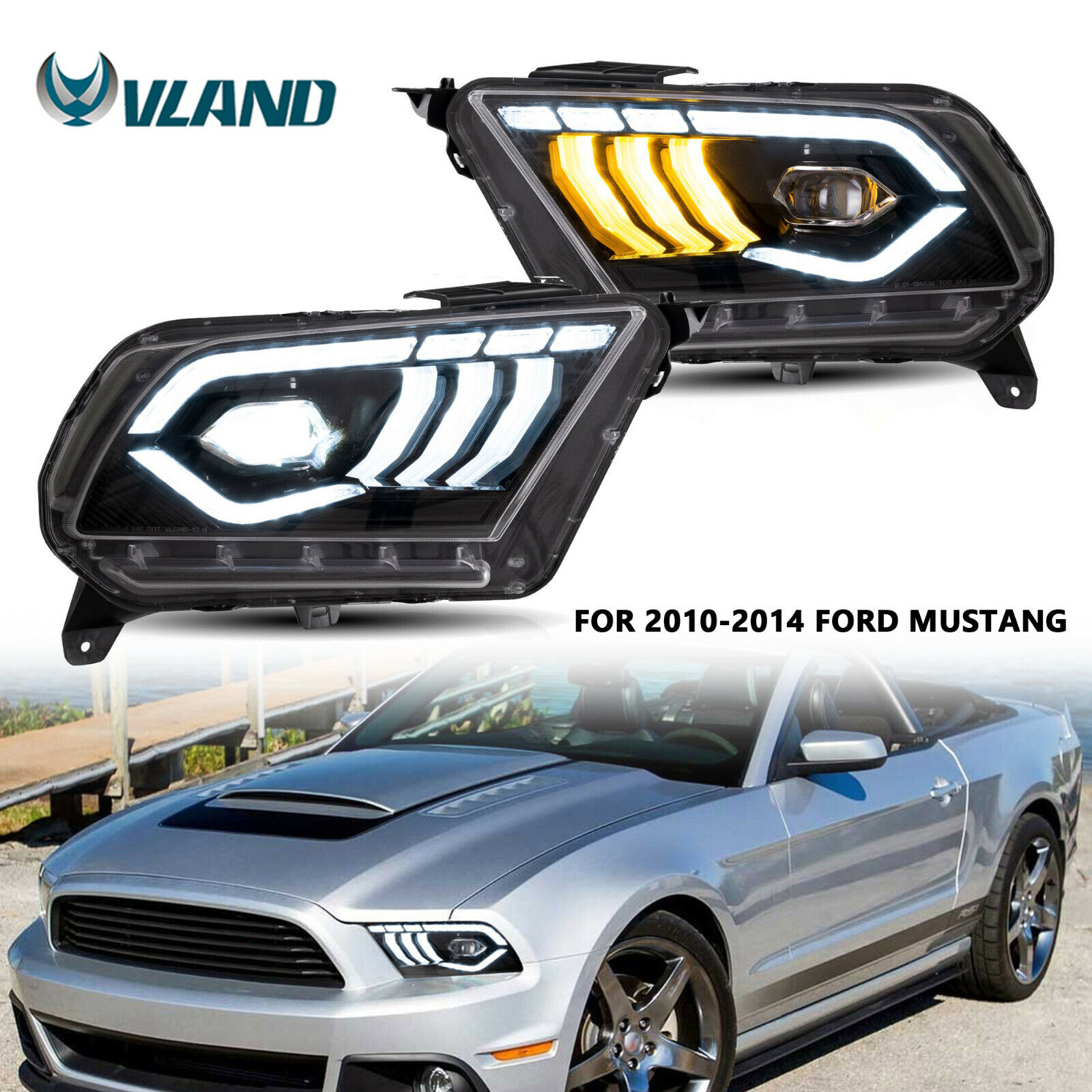 LED DRL Headlights Sequential Turn Signals Assembly For 2010-2014 Ford Mustang