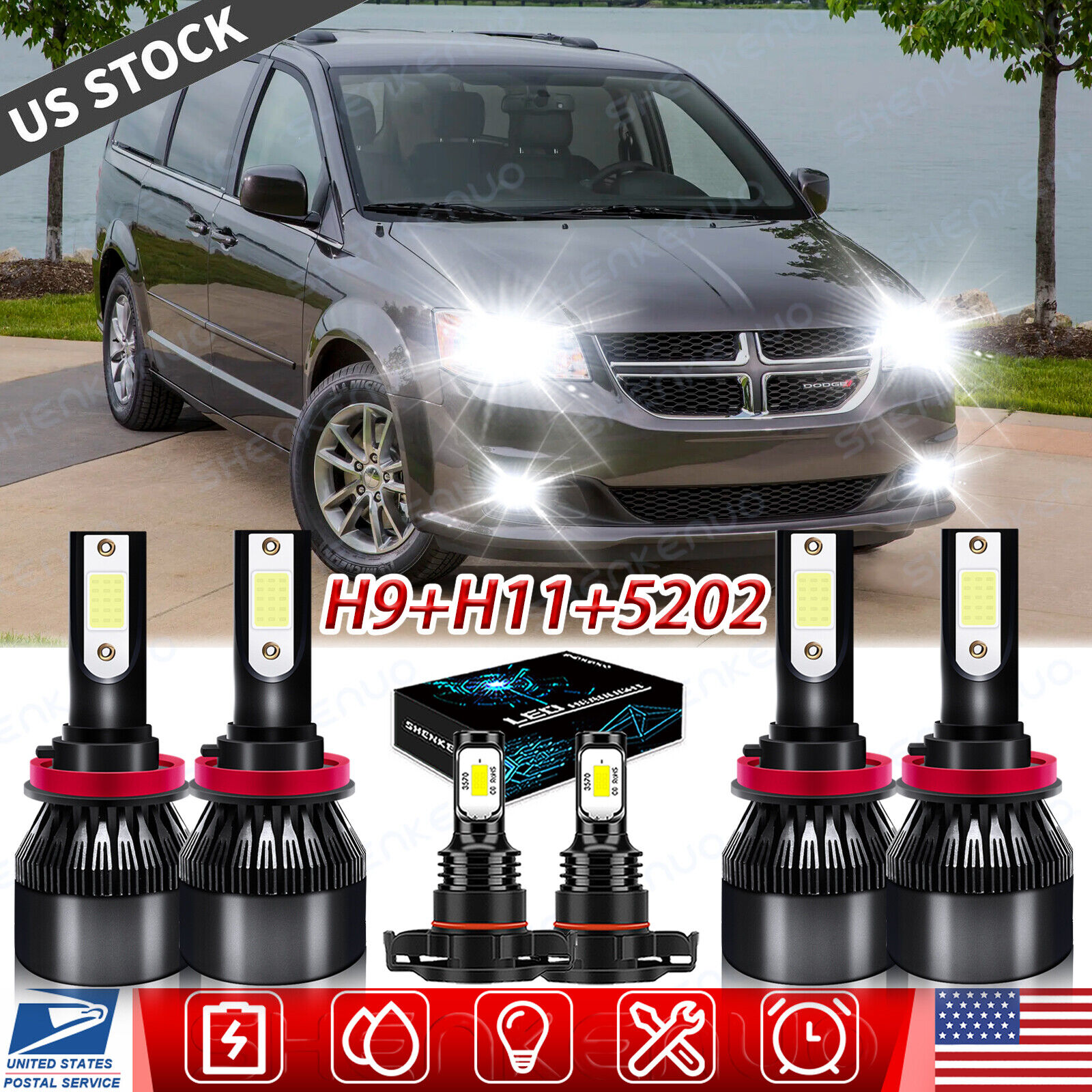 6x For Dodge Grand Caravan 2011-2019 White LED Headlight kits Bulbs High Low Fog