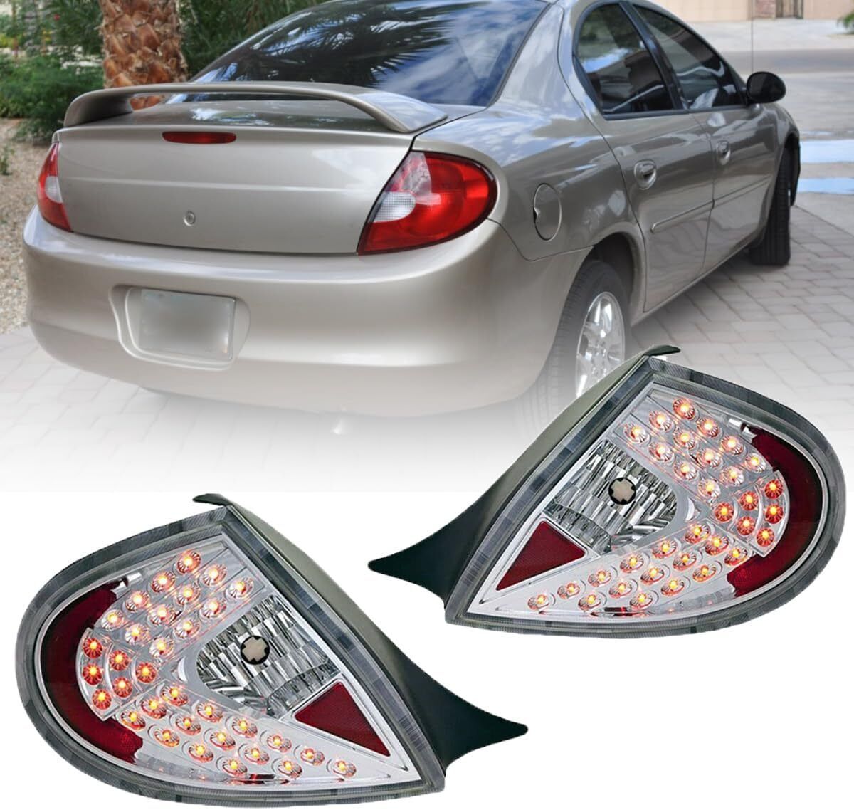 LED Tail Lights For 2000-2002 Dodge Neon 00-01 Plymouth Lamps Chrome Clear Pair