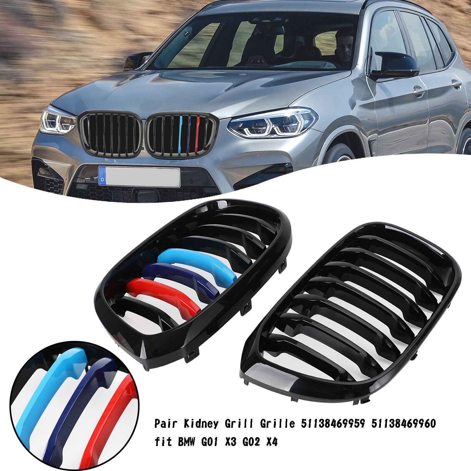 Pair M-Color Kidney Grill Grille 51138469959 Fits BMW G01 X3 G02 X4 Gloss Black