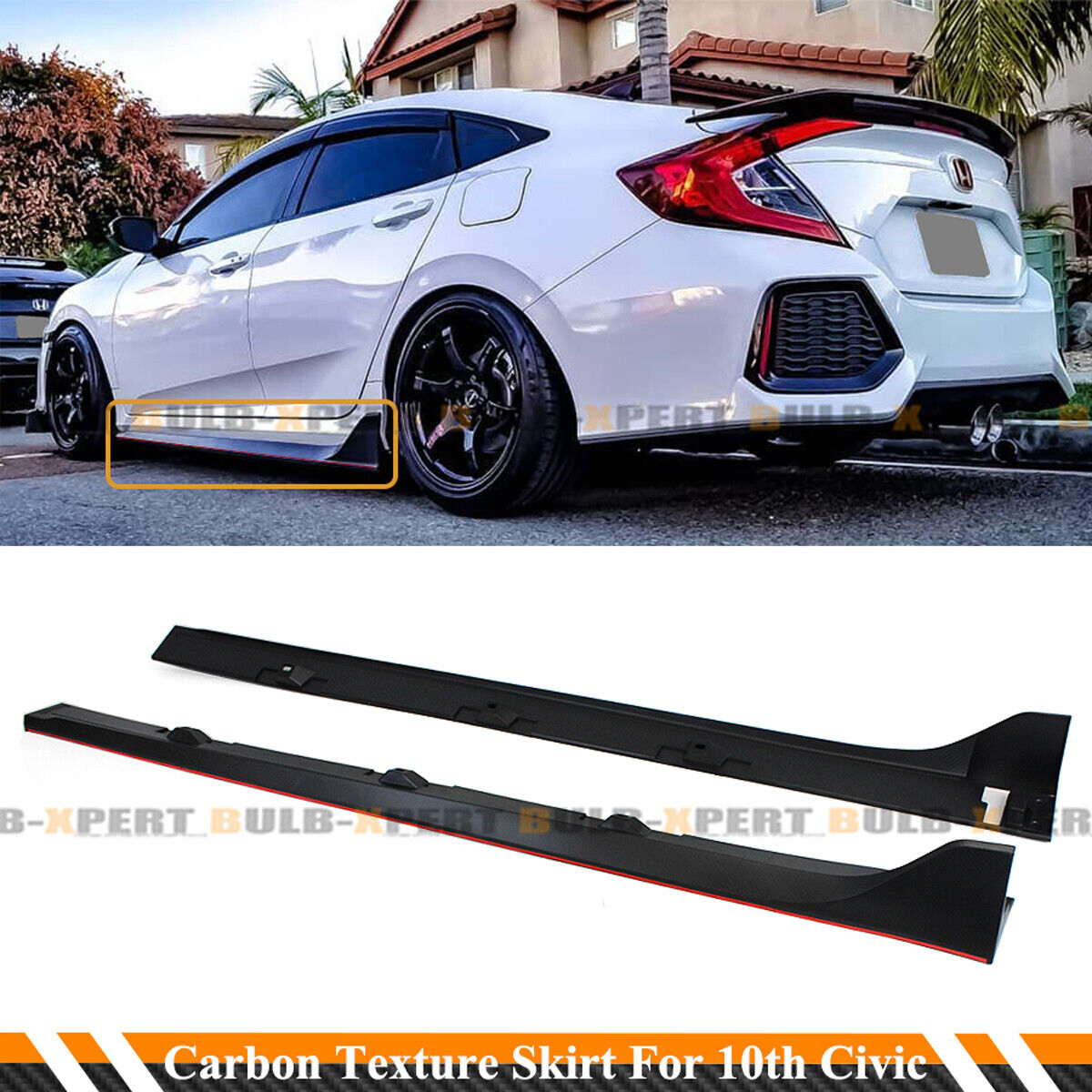 FOR 16-2021 CIVIC SEDAN TR STYLE CARBON TEXTURE SIDE SKIRT EXTENSION+ RED STRIP