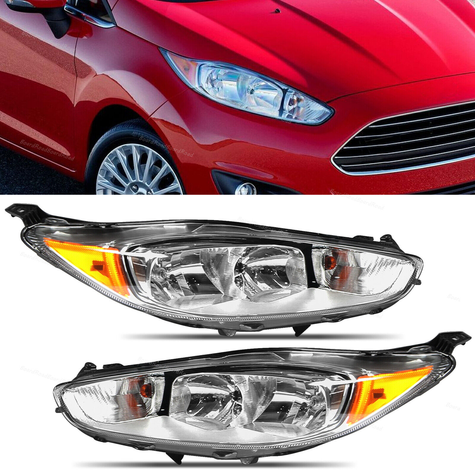 Fits 2014-2017 Ford Fiesta Chrome Headlight Headlamp Replacement Pair LH+RH