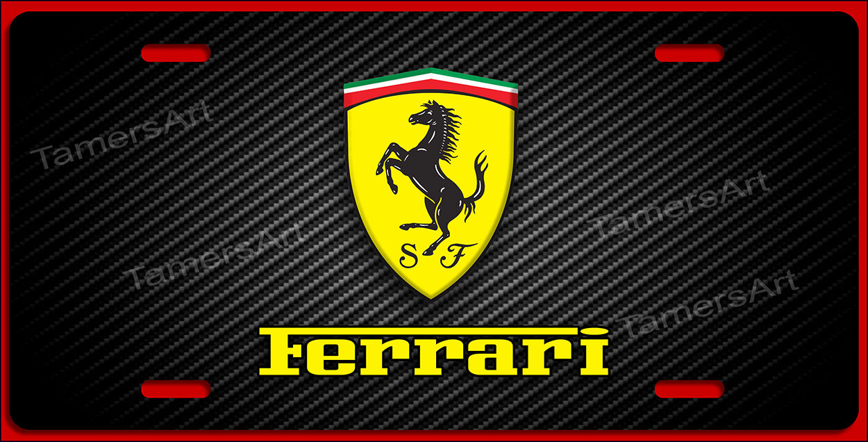 FERRARI STYLE LICENSE PLATE YELLOW LETTERS CARBON FIBER ILLUSION,  MAde in USA