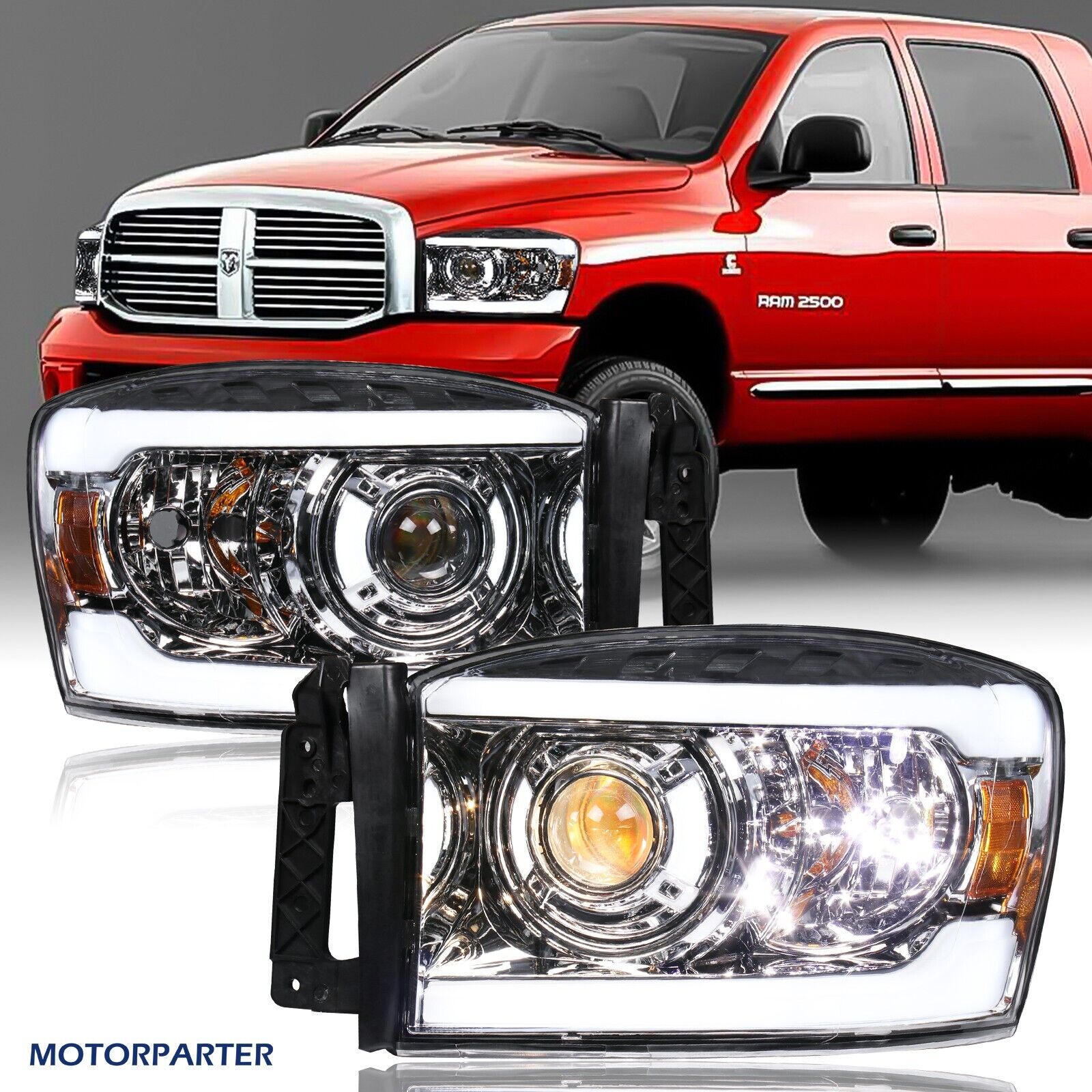 Chrome Projector Headlights For 06-08 Dodge Ram 1500 2500 3500 Front w/LED Strip