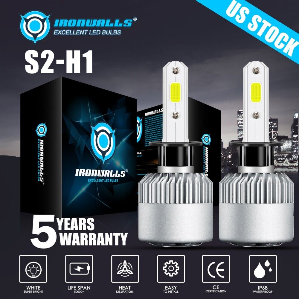 IRONWALLS H1 LED Headlight Bulb Kit High Low Beam Xenon White 6000K Super Bright