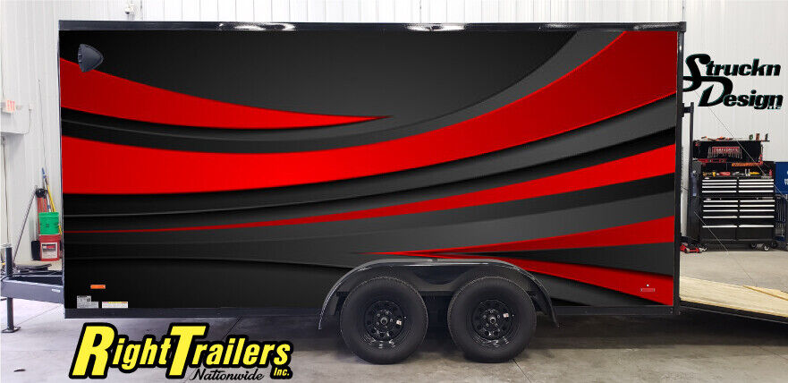 2 Sides Red Black Curves Grunge Wave Trailer RV Wrap Decal Graphic Various Sizes