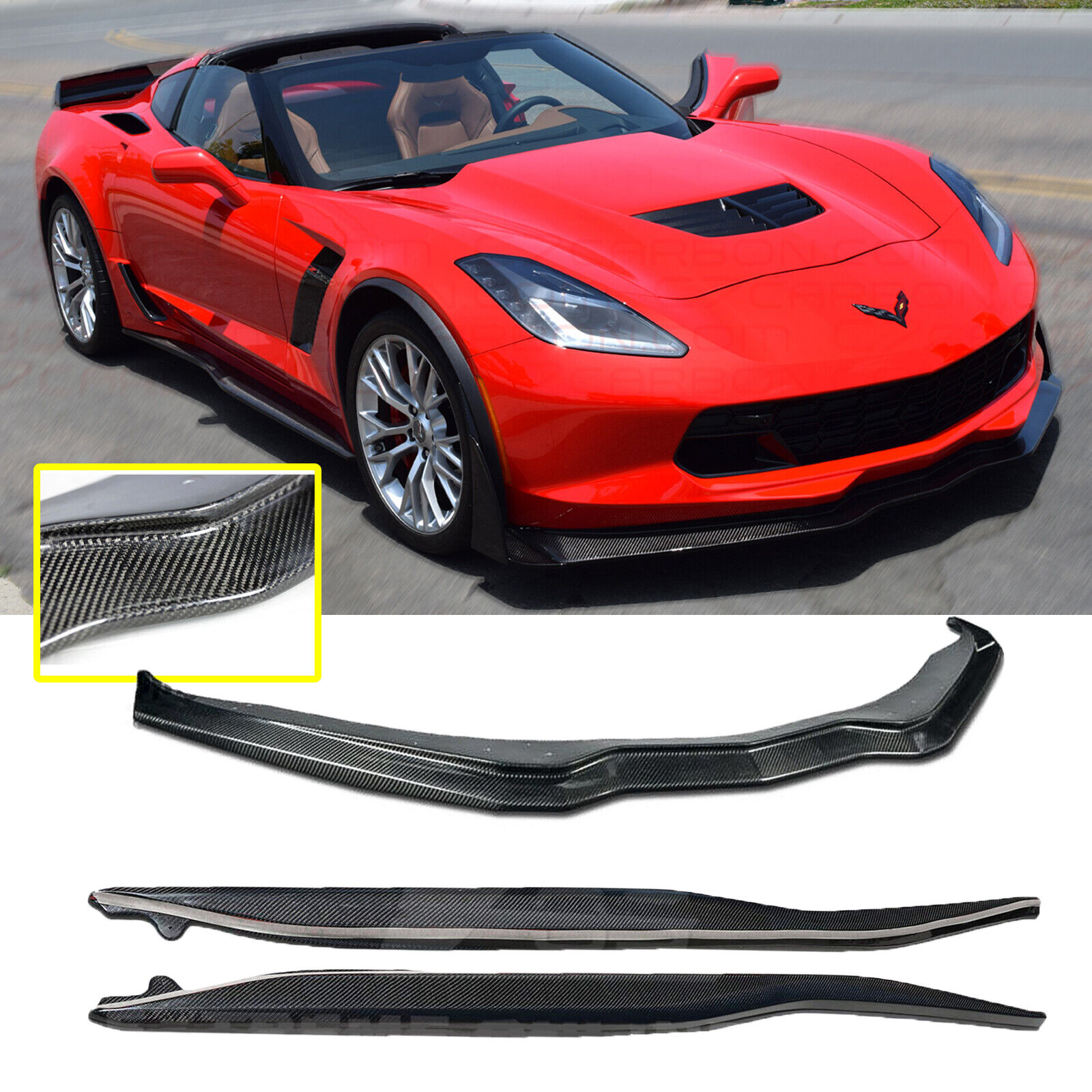 For 14-Up Corvette C7 Z06 Carbon Stage 2 Front Lip Bumper W/ Side Skirts