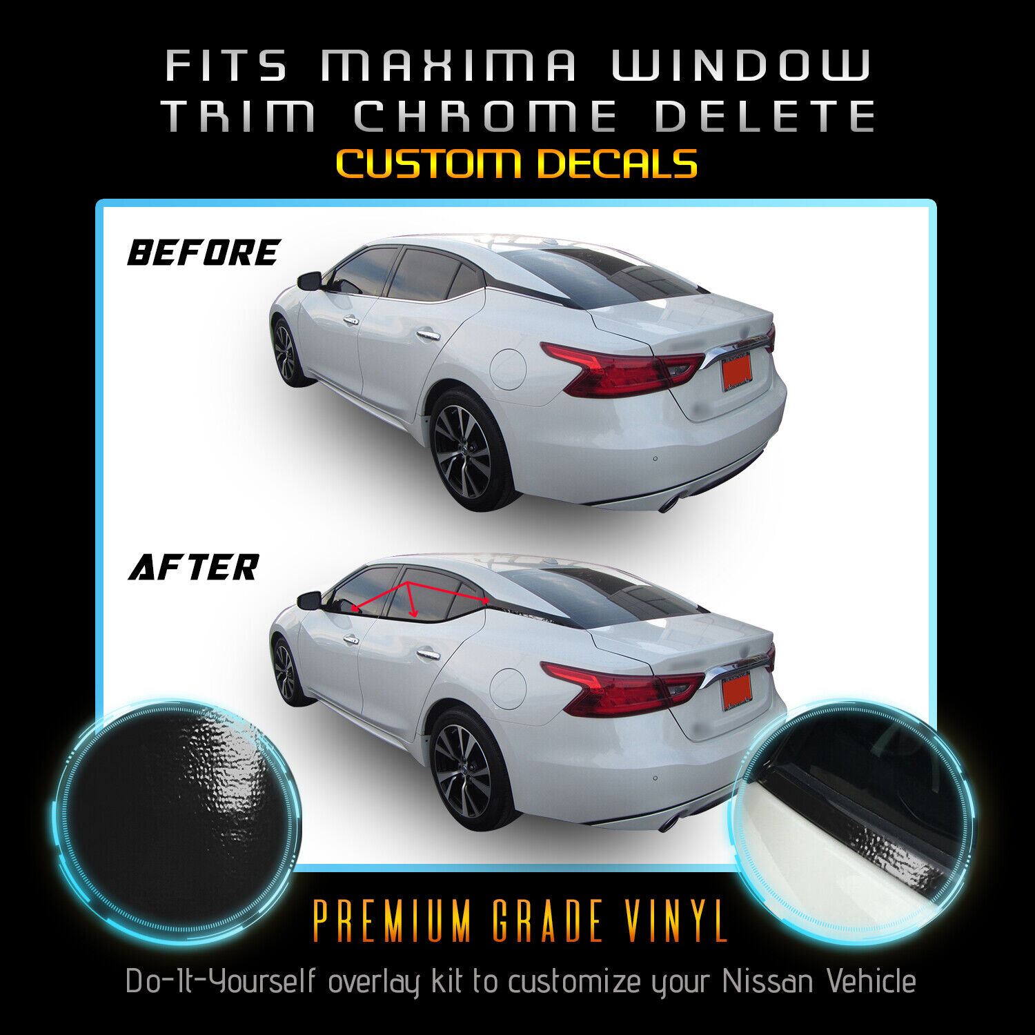 Fit 16-20 Nissan Maxima Window Trim Chrome Delete Blackout Kit - Glossy Black