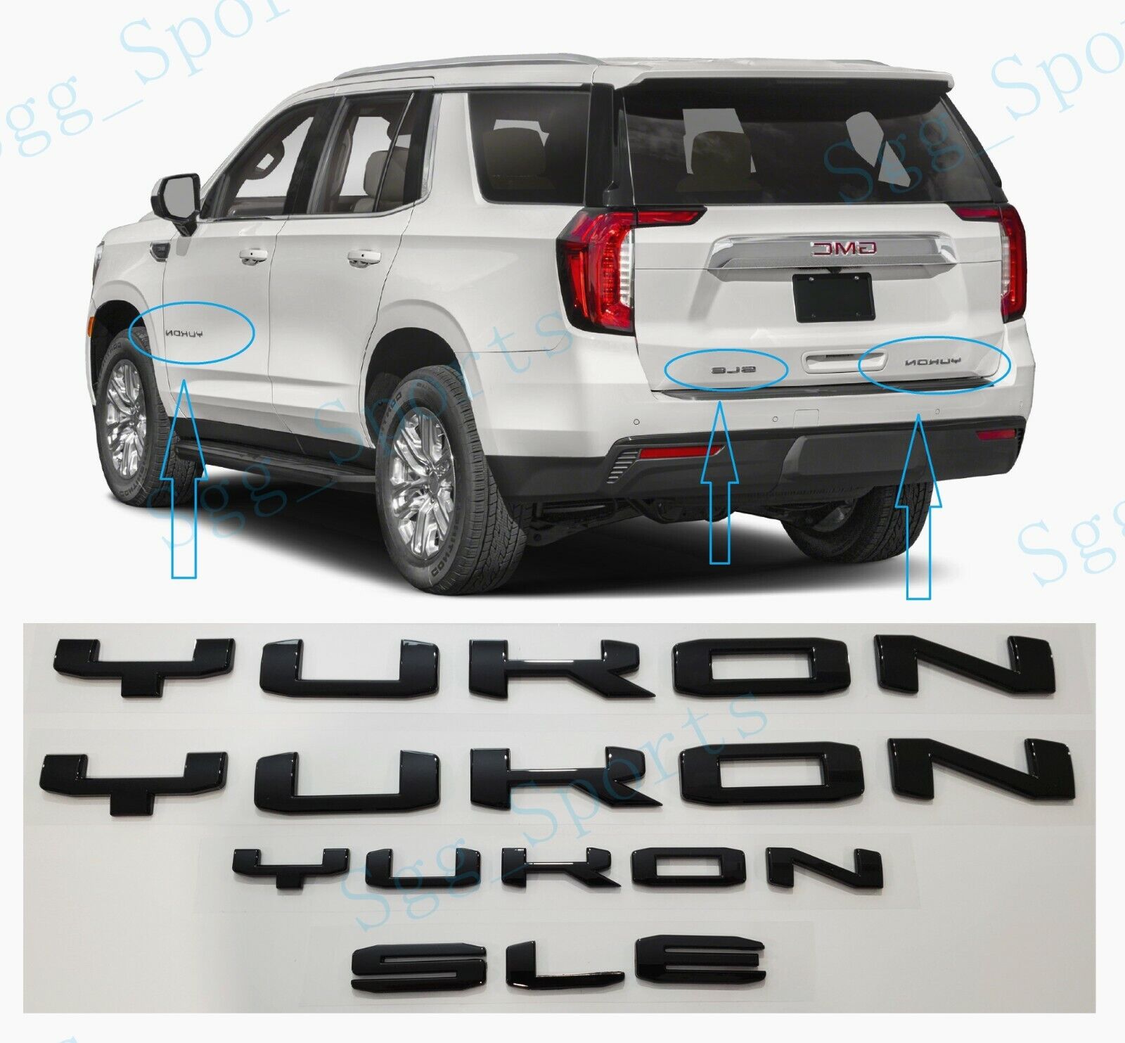 4PCS GMC 2021-2023 Yukon Yukon XL Doors Rear Gloss Black YUKON SLE Emblem Letter