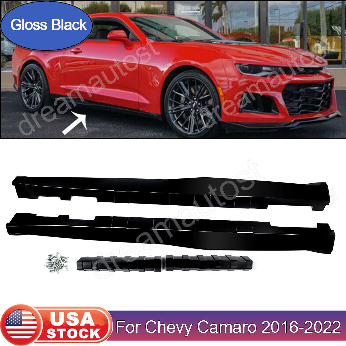 ZL1 Style Side Skirts Panel Extension Gloss Black For 16-22 Chevy Camaro RS & SS