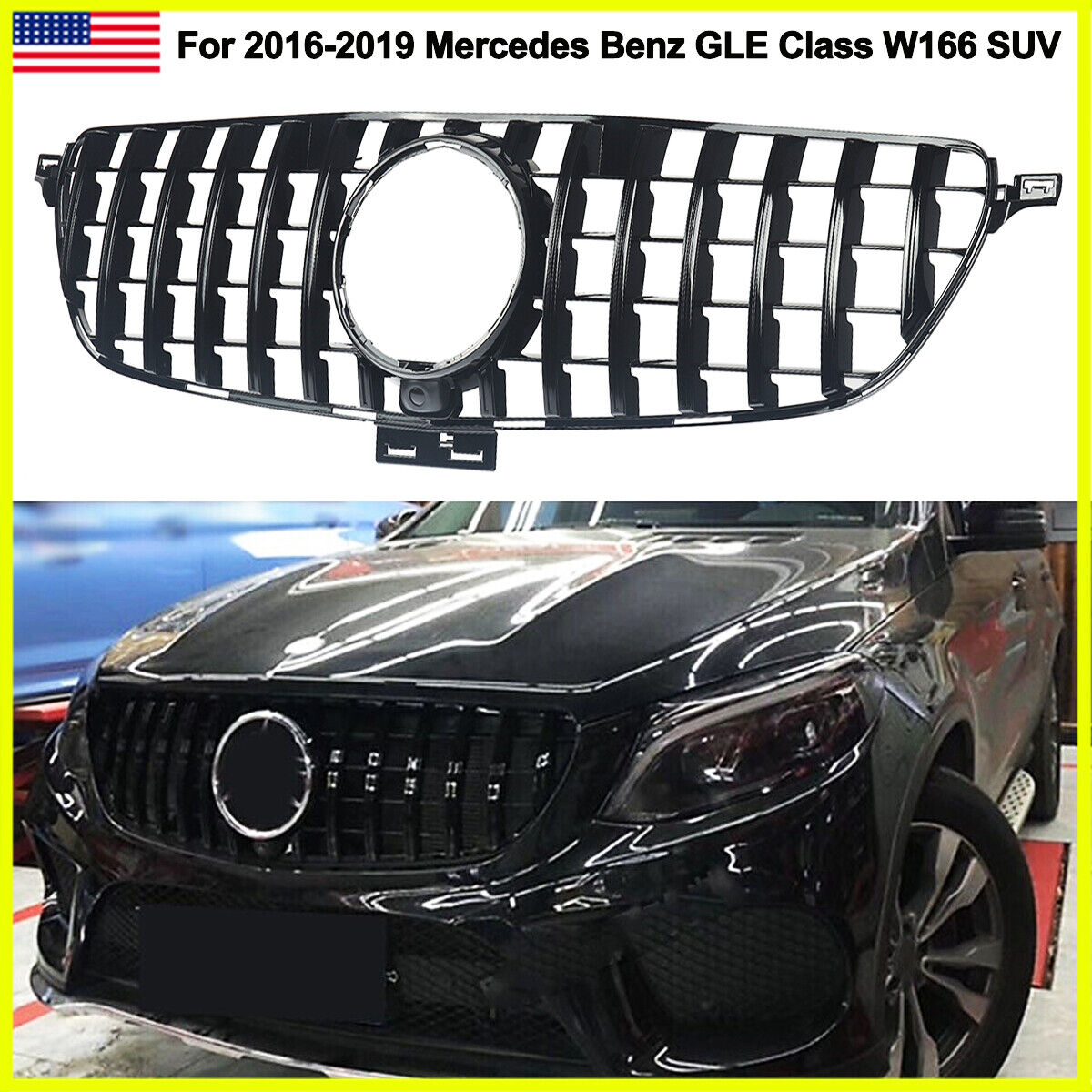 GTR Front Grille All Gloss Black For Benz W166 GLE350 GLE400 GLE43 AMG 2015-2019