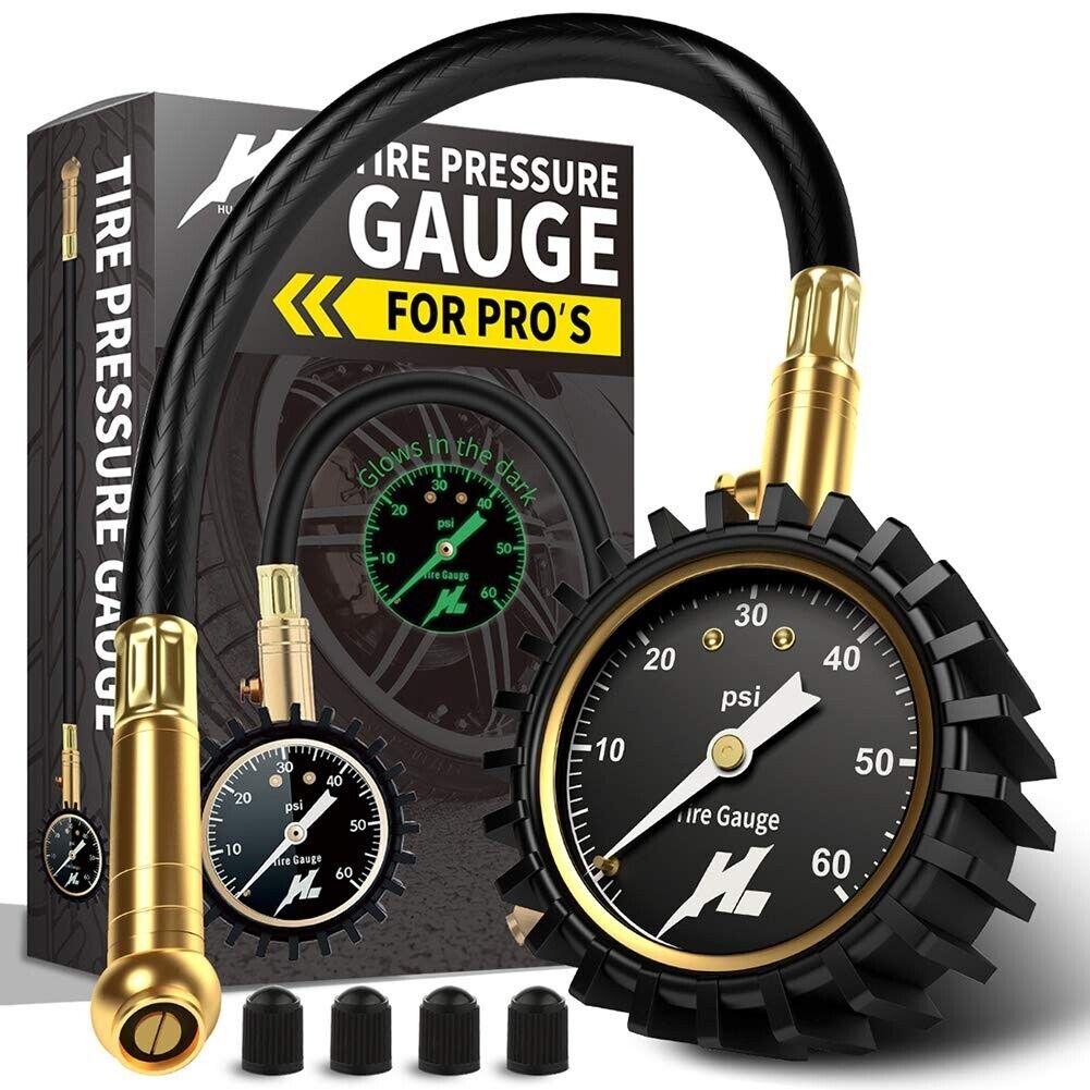 Tire Pressure Gauge - Analog Dial 0-100 psi - Glow in the dark - With Hose