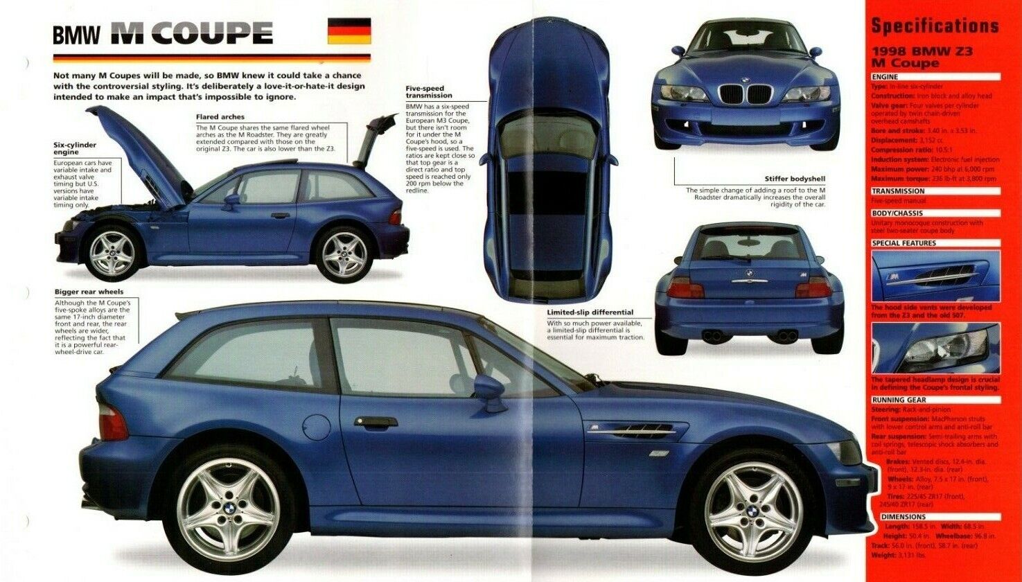 1998 BMW M COUPE (Z3) SPEC SHEET/Brochure/Pamphlet/Flyer