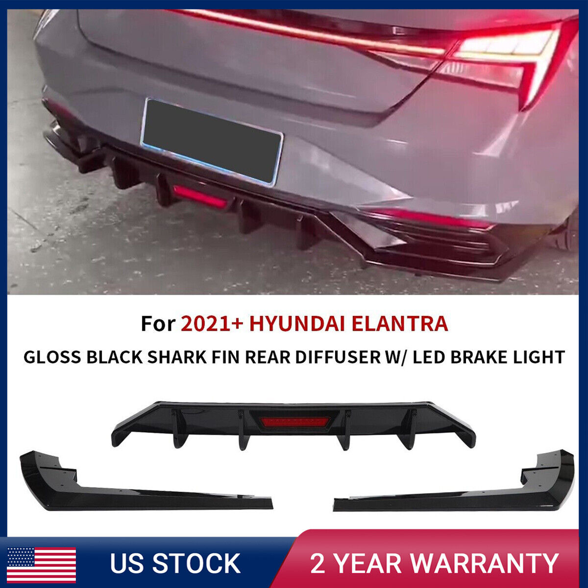 Rear Diffuser+LED Brake Light For 2021 2022 HYUNDAI ELANTRA GLOSSY BLACK 3PCS