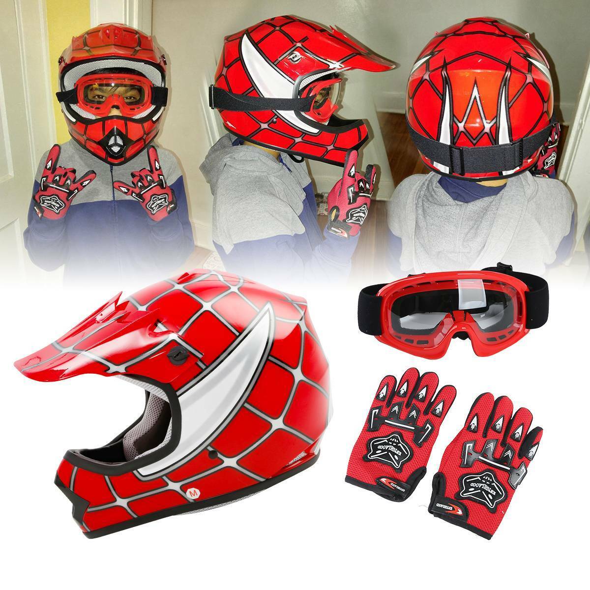TCMT DOT Youth Red Spider Net Dirt Bike Motocross Helmet Goggles+Gloves S-XL