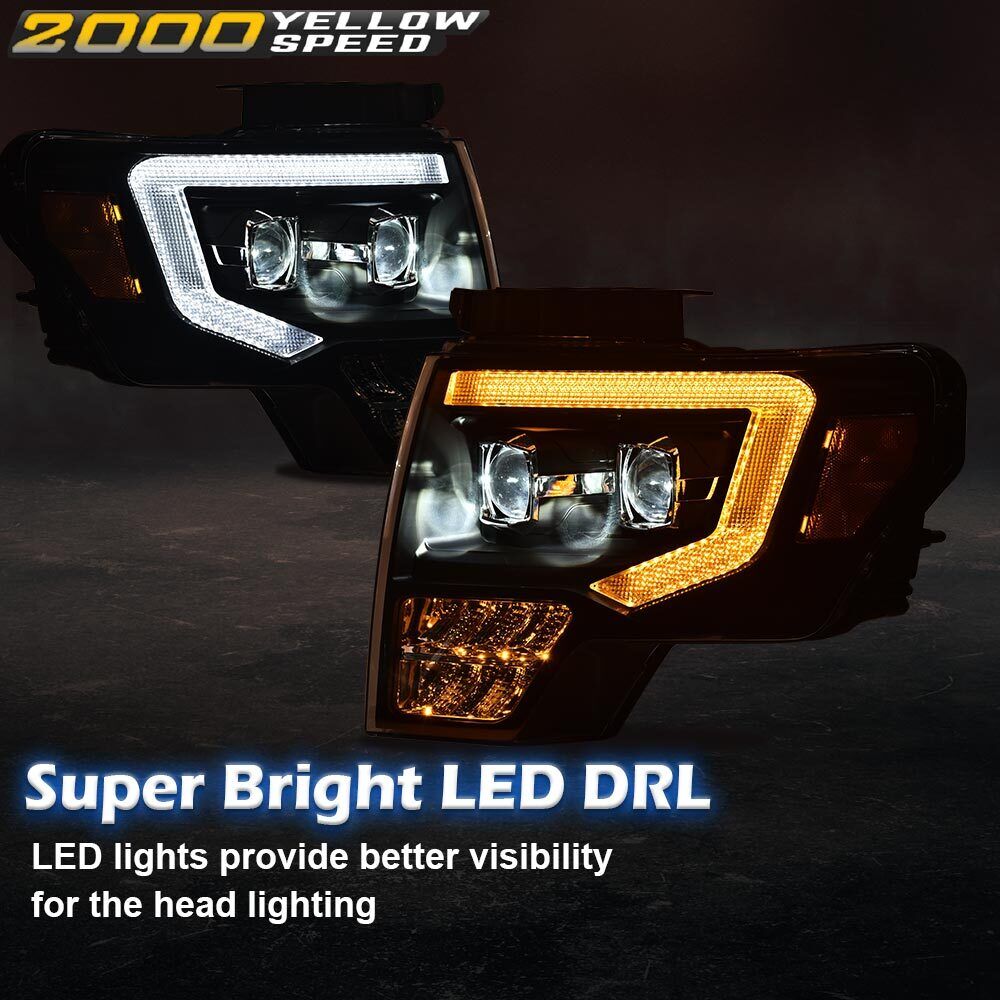 Fit For 2009-2014 Ford F-150 Black DRL Lamps Left&Right LED Projector Headlights