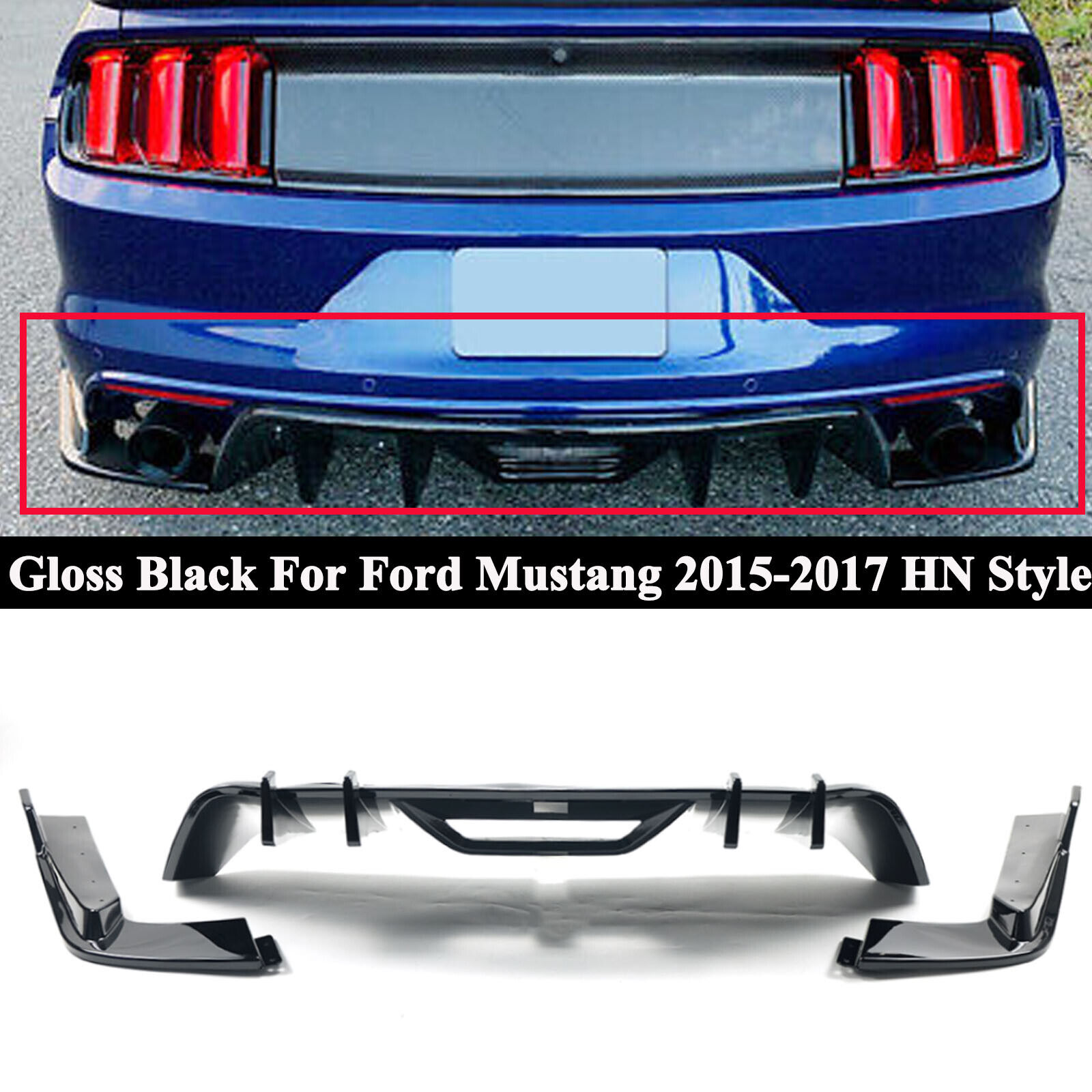 For Ford Mustang 15-2017 HN Style Rear Bumper Diffuser + Apron Spats Gloss Black