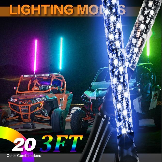 2x 3FT RGB espiral látigo Luz Antena & Remoto Para For Polaris Rzr Utv Atv Jeep