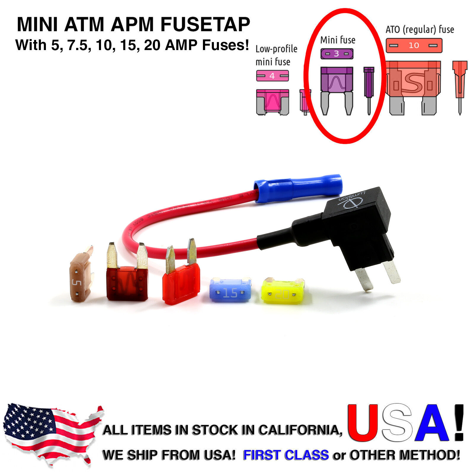 Lumision 16AWG Car Add-A-Circuit ATM APM Mini Fuse Tap Fusetap + Fuse Set