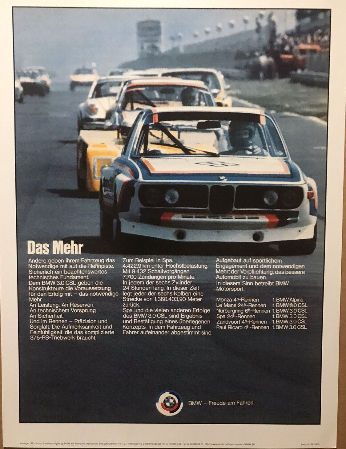 BMW 3.0 CSL Racing Licensed Reprint.  Car Poster One Only Own It