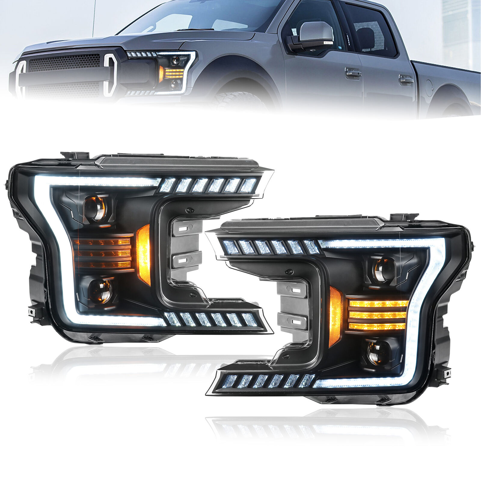 2X Full LED Smoke Lens Headlights & LED Bars For 2018 2019 2020 Ford F-150