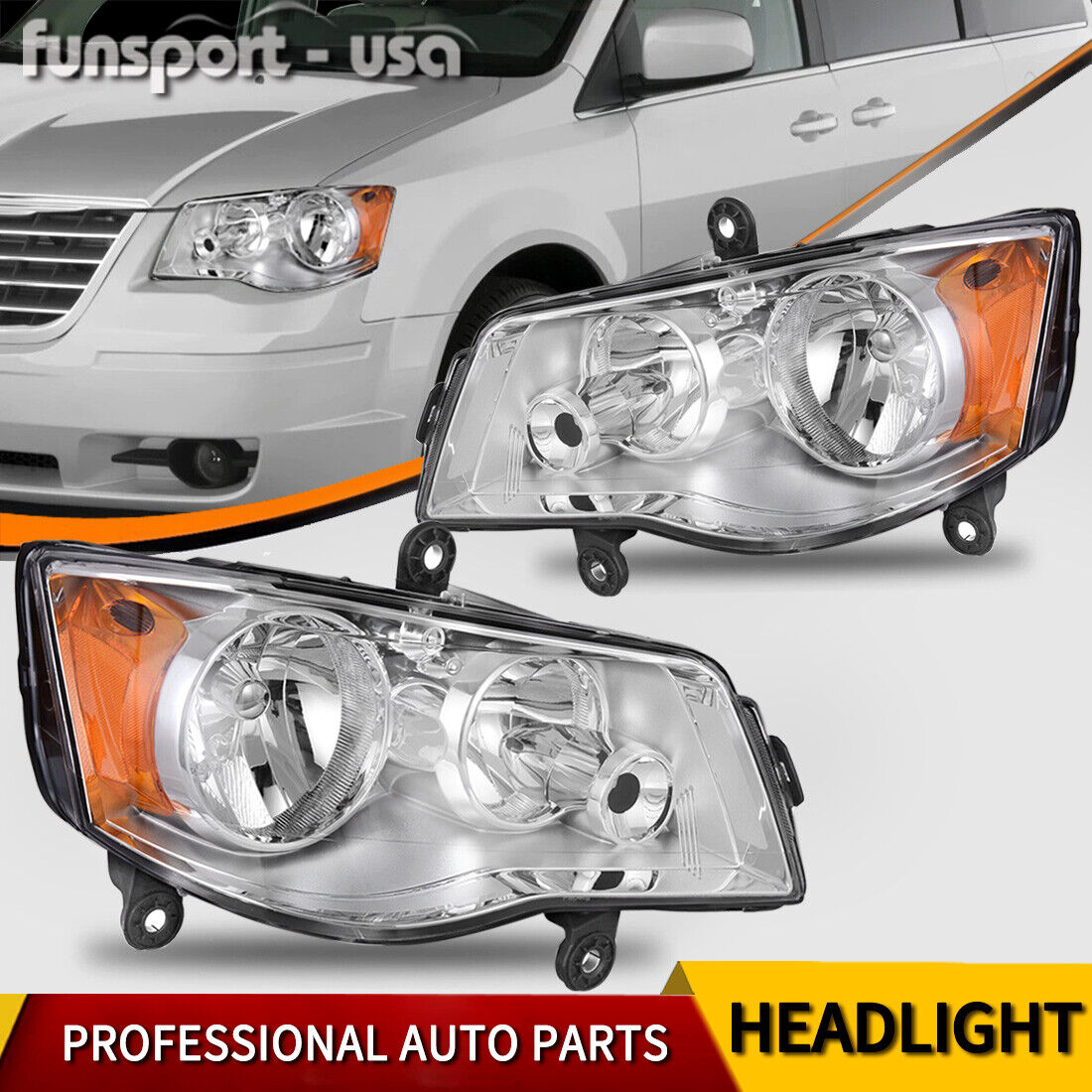 Chrome Headlights For 11-19 Dodge Grand Caravan 08-16 Chrysler Town & Country