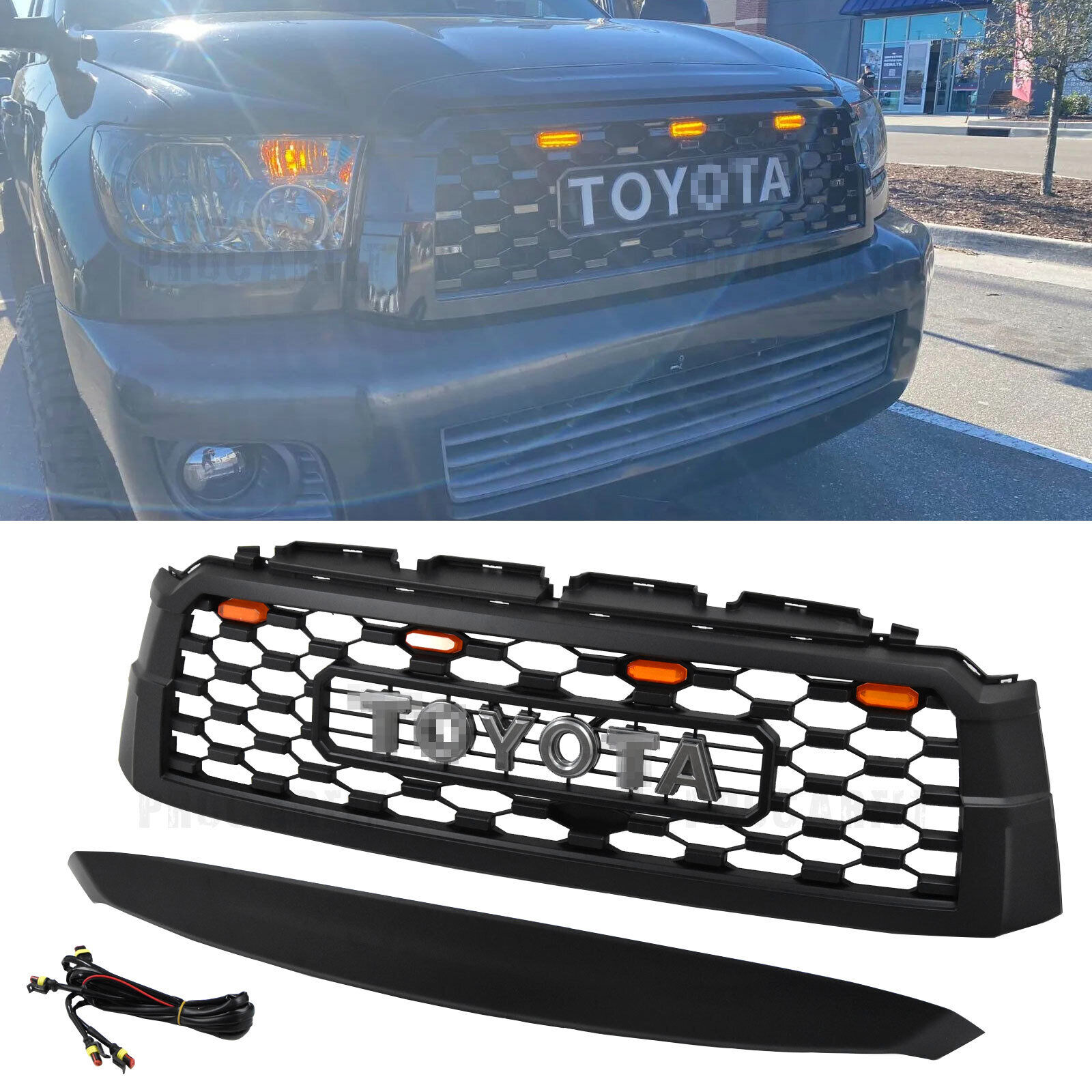 For 2008-2021 Toyota Sequoia TRD REP Front Grille Black With LED Lights Letters
