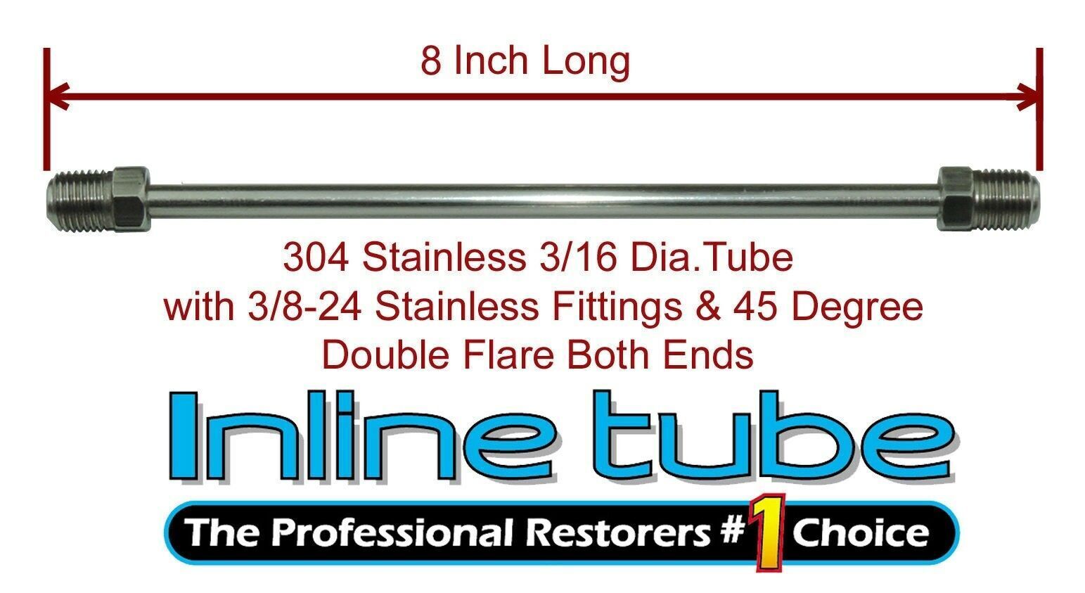 3/16 Brake Line 8 Inch Stainless Steel 3/8-24 Tube Nuts 45 Degree Double Flare